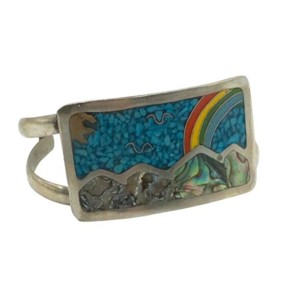 Rainbow Mountain Scene Sterling Silver Cuff Bracelet With Turquoise & Inlay Desi - Picture 4 of 4